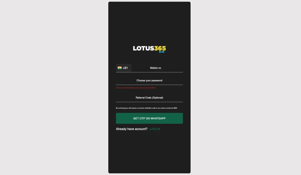 Enter Your Essential Information of lotus365 register form